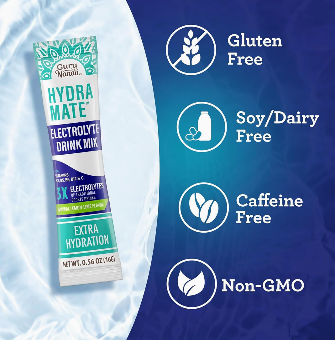 GURU Nanda, hydramate electrolyte drink mix three times electrolyte vitamin B3 B5 B6 B12 NC natural lemon lime flavor