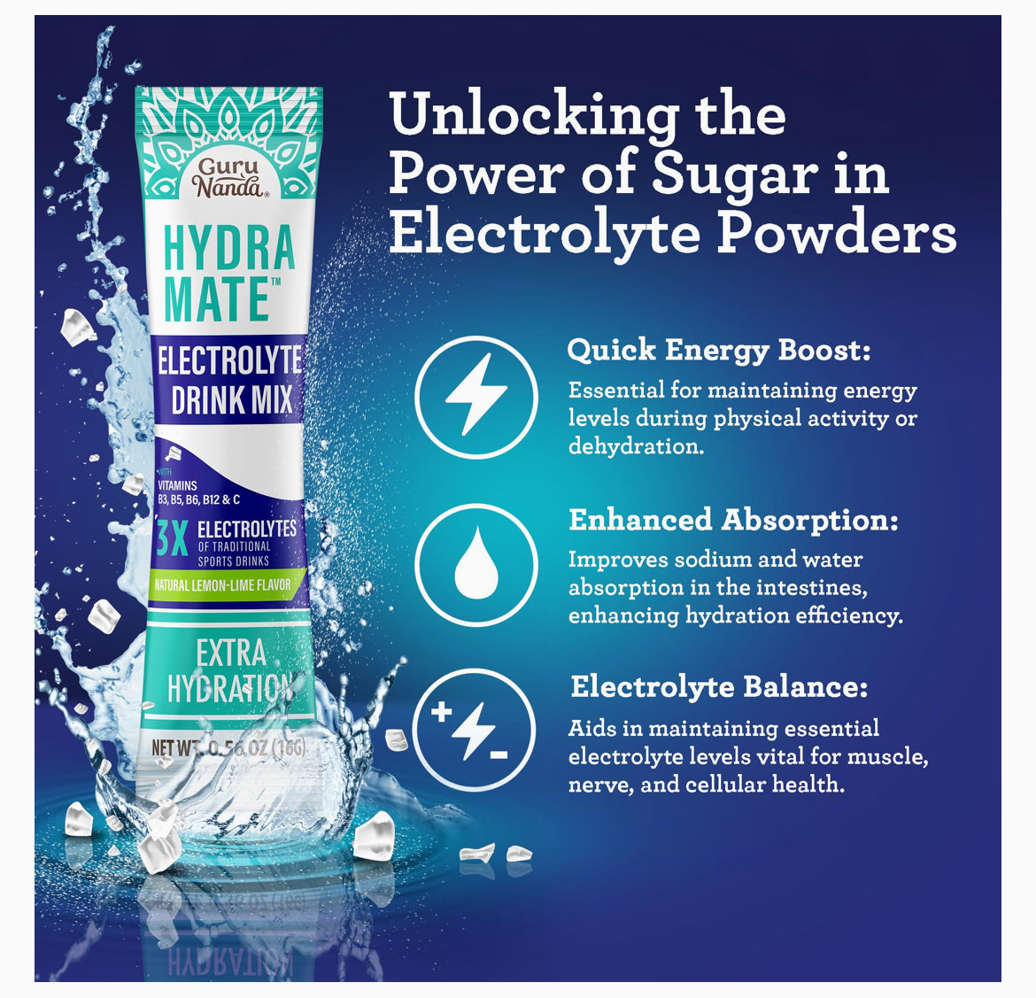 GURU Nanda, hydramate electrolyte drink mix three times electrolyte vitamin B3 B5 B6 B12 NC natural lemon lime flavor
